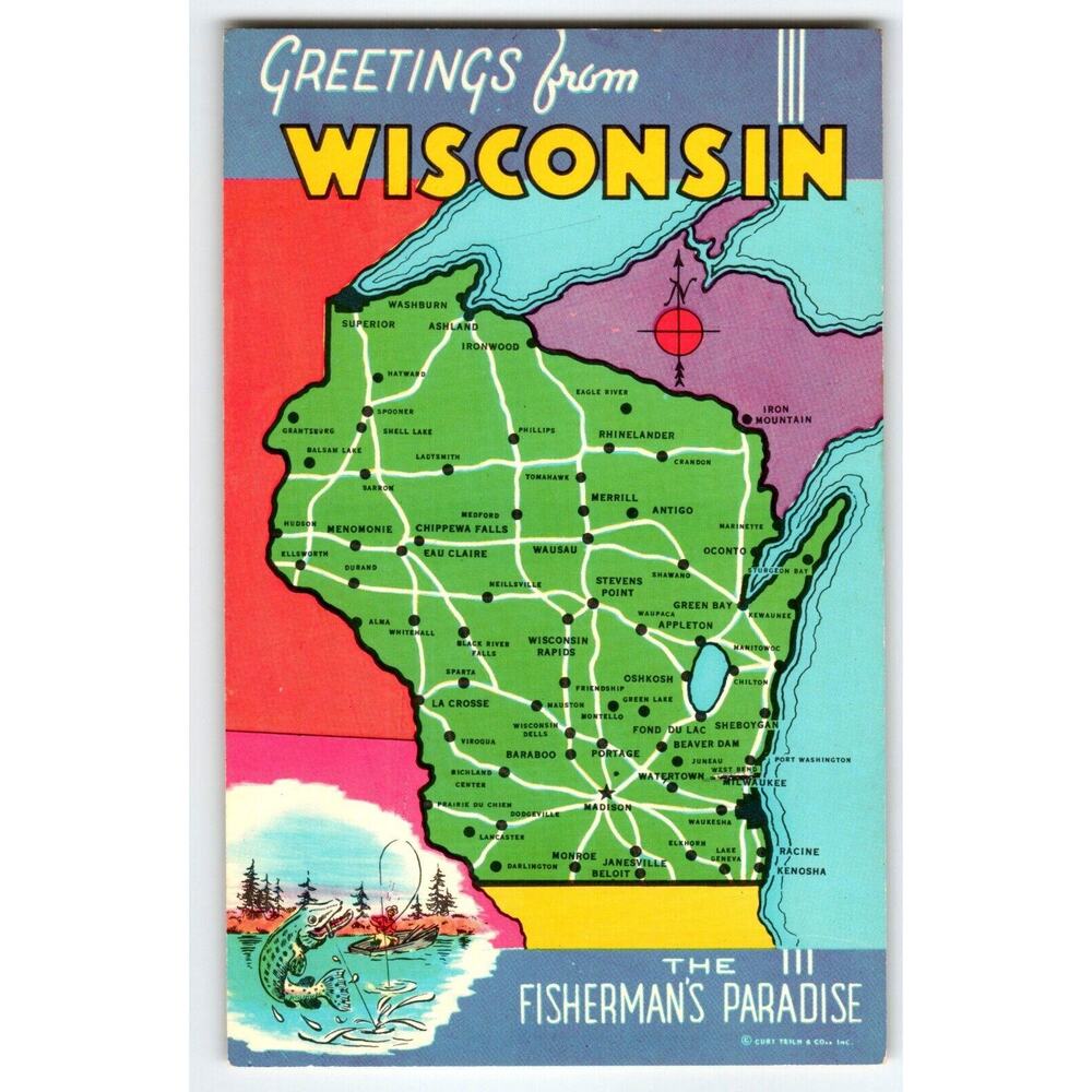 Map Postcard Greetings From Wisconsin Fisherman's Paradise Chrome Retro Vintage